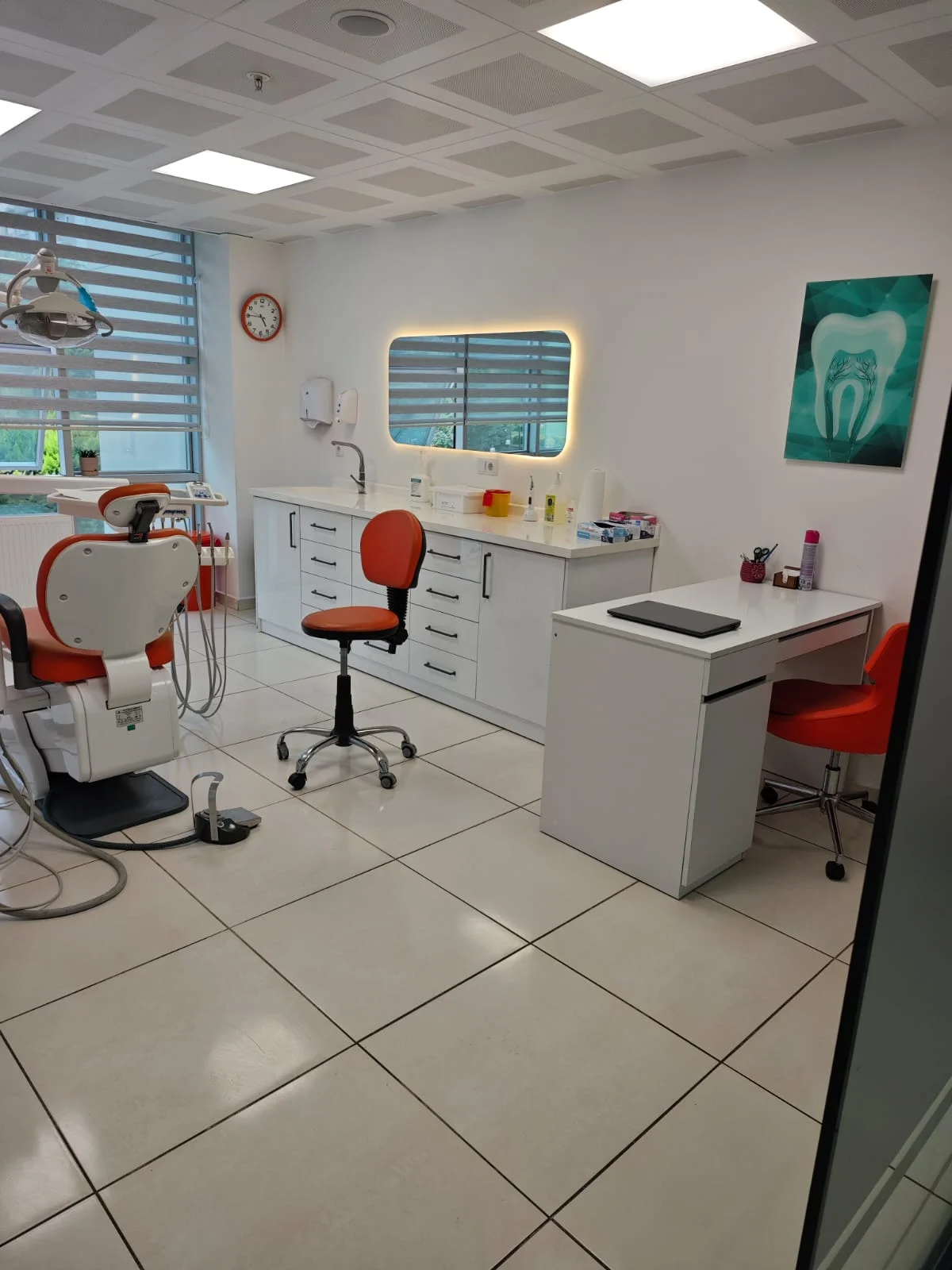 Dent Mavi'de dekoratif diş illüstrasyonlu çalışma köşesi